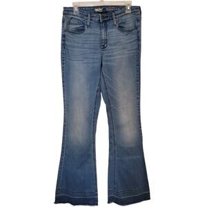 Mossimo Women’s Size 10 Blue Jeans High Rise Flare Distressed Hem Stretch Denim